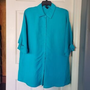 Teal Linen Blend Tunic Button-up Loose Fit Shirt Oversized Turquoise Aqua Sz 1X